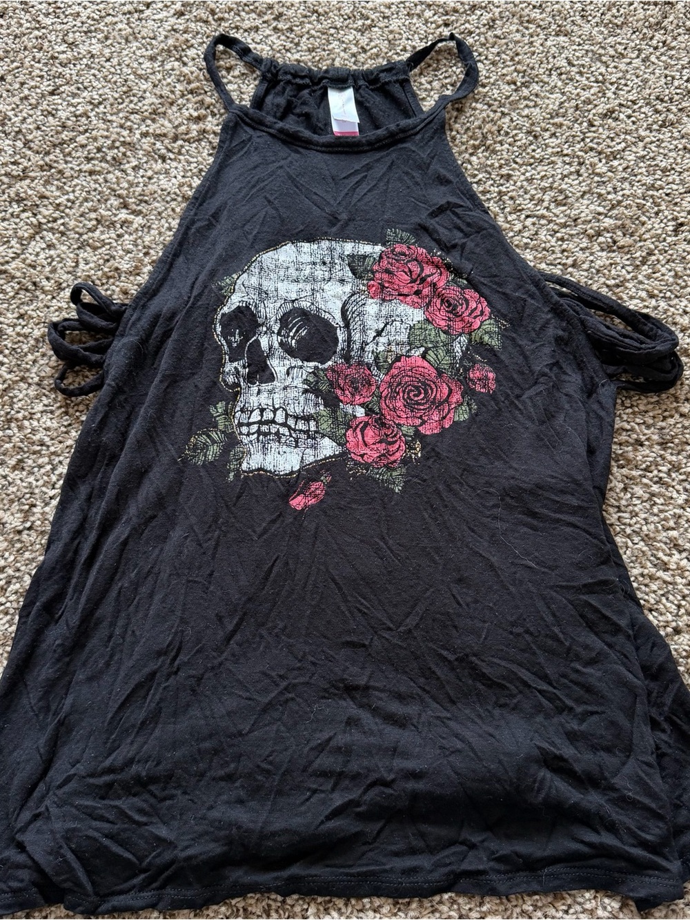 No Boundaries Black Halter Tank with Skull & Pink Roses